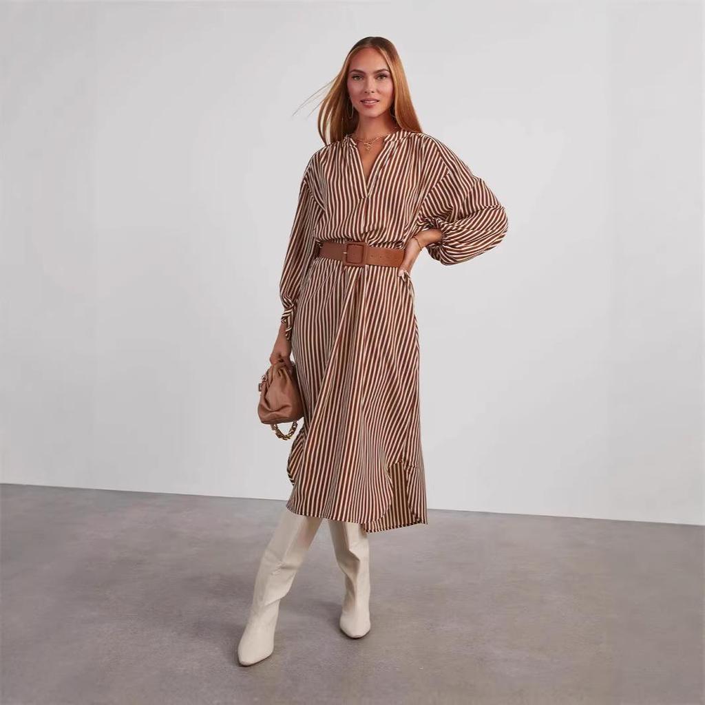 European and American Women's V-Neck Striped Belt Shirt Dress - Autumn 2025 Fashion