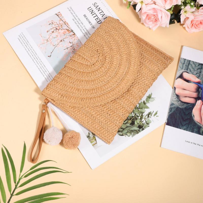 Beach Bags Straw Clutch Straw Shoulder Bag Women's'S Light Brown