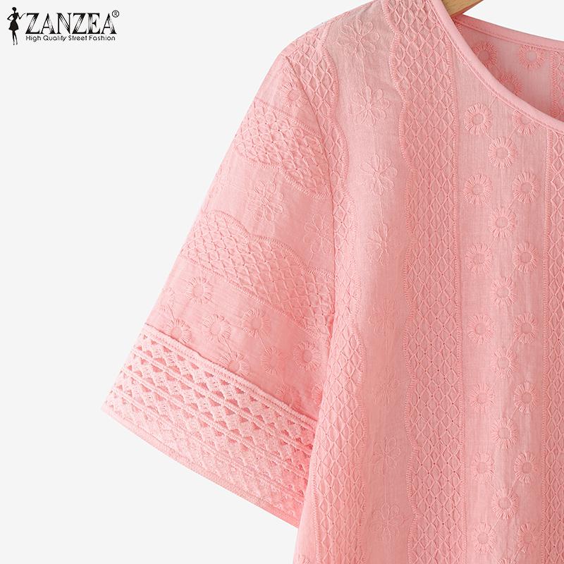 ZANZEA Damska codzienna bluzka z okrągłym dekoltem i krótkim rękawem, z koronkowymi wstawkami