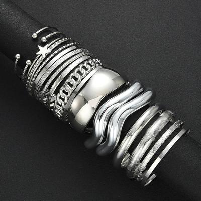 19 Piece Star Of David Wide Face Bangle Set White Gold Plated Fashion Jewelry Women Daily Party Accessory Gift