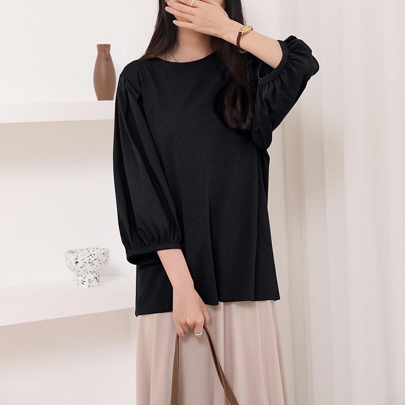Japanese Women's Early Autumn T-shirts Simple and High-end Solid Color Pure Cotton Loose Slim Casual Lantern Sleeve Top