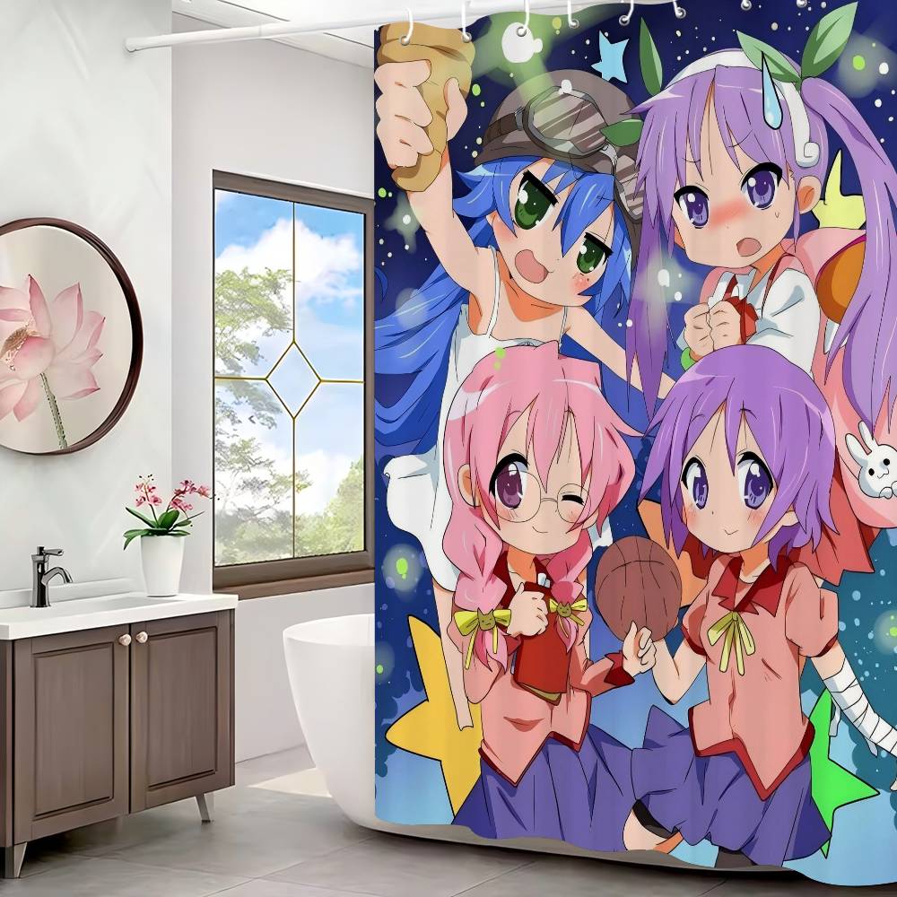 Popular Anime Cute L-Lucky Stars Polyester Shower Curtain Waterproof Rust Resistant Grommet Easy Care Wipe Clean Durable