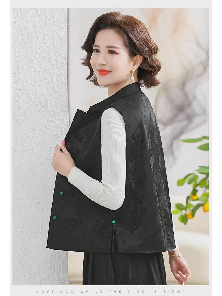 Ladies' Chinese Style Satin Jacquard Vest - Stand-up Collar, Buttoned, Retro Design for Spring and Autumn