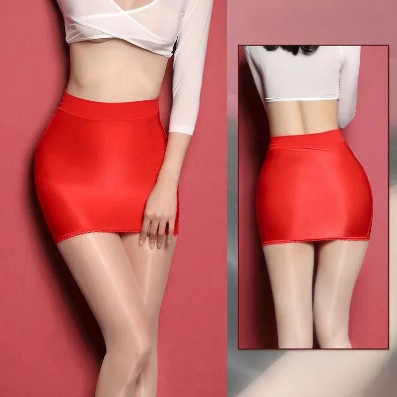 Ladies Shiny See Through Sexy High Elastic Transparent Package Wrap Short Skirts Black White Night Dress Mini Skirt for Women
