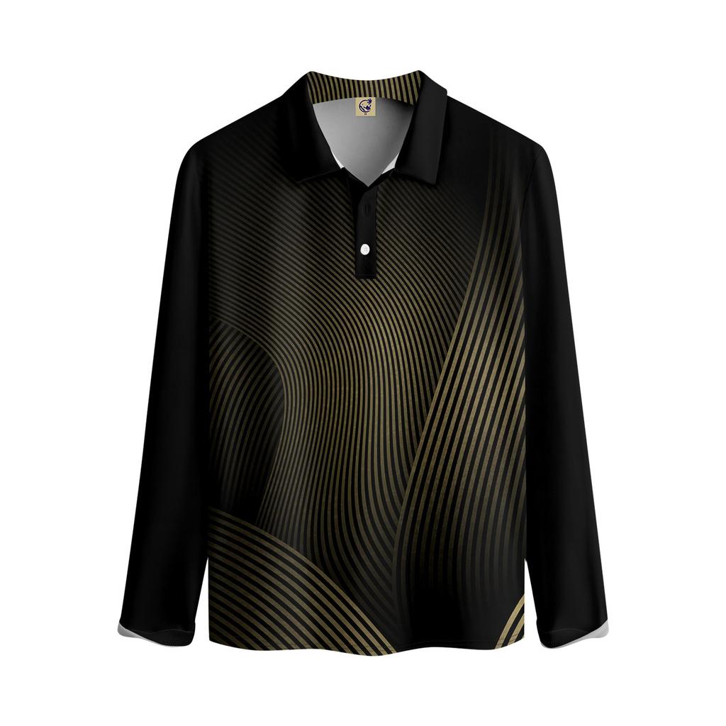 Herren-Revers-Langarm-bedrucktes Freizeit-Oberteil, lockeres Sport-Revers-Hemd