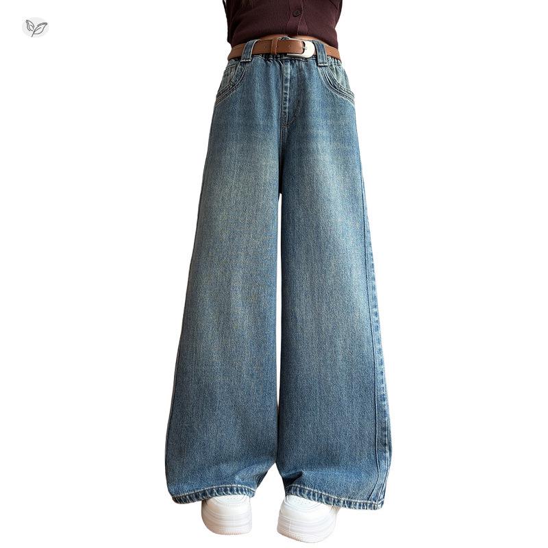 2026 Versatile Girls' Straight & Wide Leg Jeans with Patchwork for Middle & Big Kids