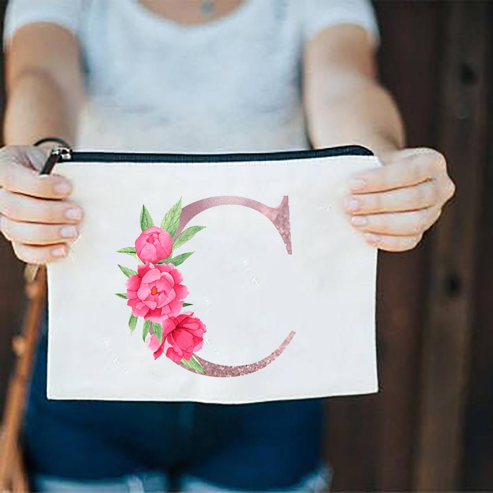 Pink Flowers Alphabet A-Z White Canvas Makeup Bags Zipper Cosmetic Pouch Ladies Casual Fashion Storage Organizer Make Up Bag