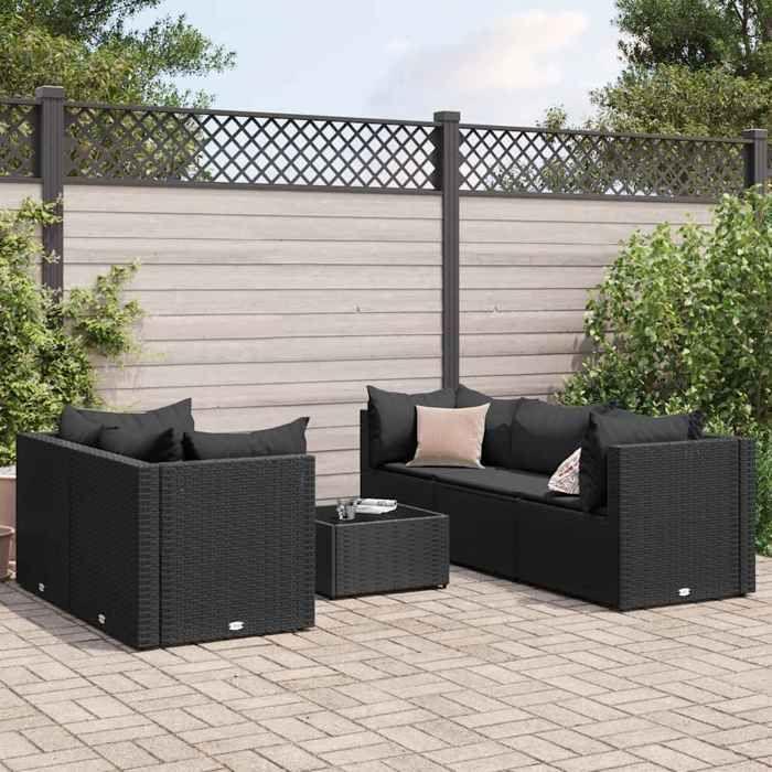 VidaXL Salon de jardin 6 pcs avec coussins Noir Résine tressée, ensemble de canapés d'extérieur, canapé d'angle de jardin, 3308019