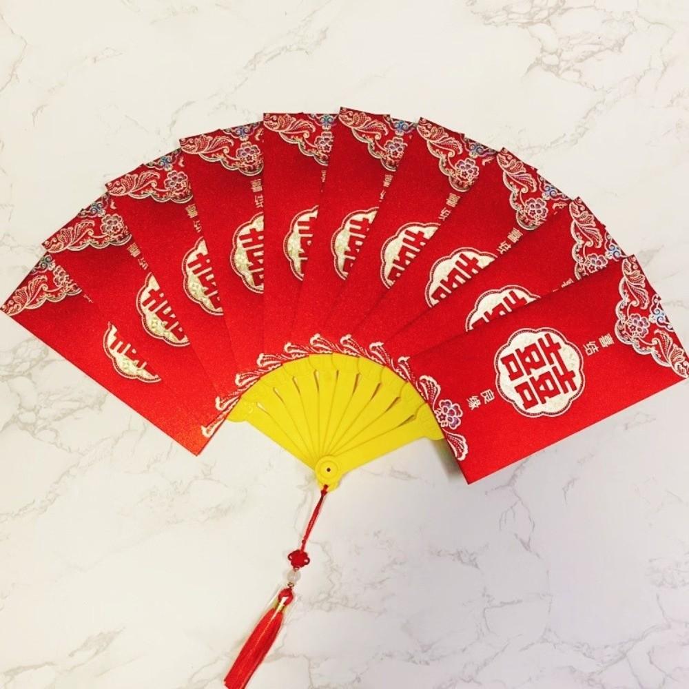 Traditional Fan Design Red Envelope with Chinese Knot Tassel Wedding Money Bag Bonus Paper Hongbao Lucky Money Packet Birthday