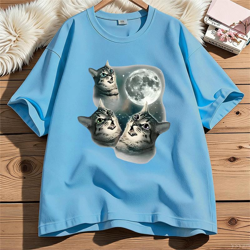 Three Cat Moon T Shirt Unisex Unisex Cotton Short Sleeve Funny Cat Parody TShirt Wolf Moon Cat Cute Kitten Tshirt Male Clothes Tops