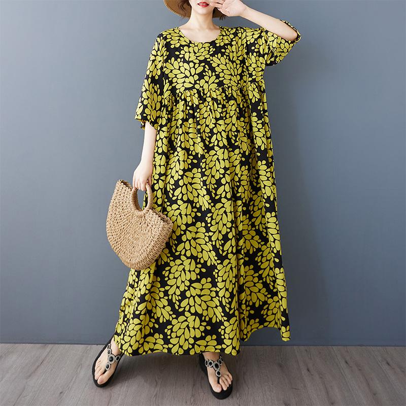 Kurzarm Plus Size Baumwolle Vintage Blumenmuster Neu in Kleidern für Damen lässig locker langes Sommerkleid