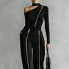 Chic Asymmetric Neckline Top and Pants Set Elegant Women's High Waist Gold Zipper Wide Leg Trousers Two Piece Set Party Outfits