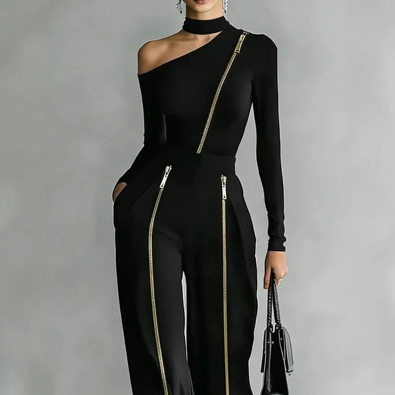 Chic Asymmetric Neckline Top and Pants Set Elegant Women's High Waist Gold Zipper Wide Leg Trousers Two Piece Set Party Outfits