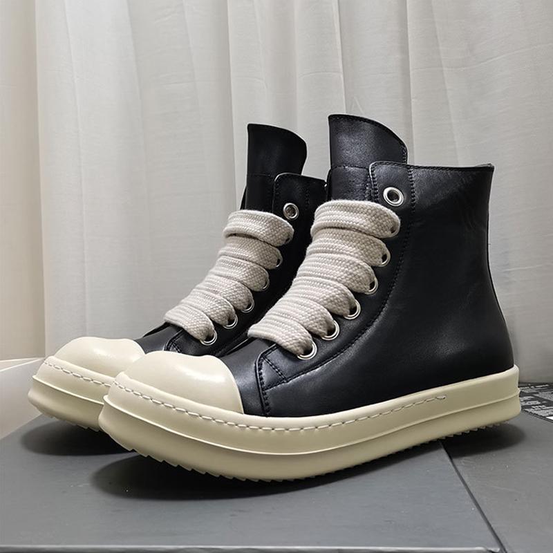 High Top Genuine Leather Men and Women's Casual Shoes Round Toe Side Zippers Ankle Boots Lace Up Unisex Counple Sneakers Shoes