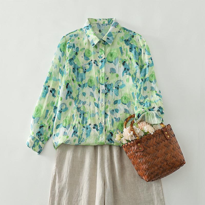 Retro Floral Cotton Linen Lapel Long Sleeve Women's Shirt - 2026 Spring Collection