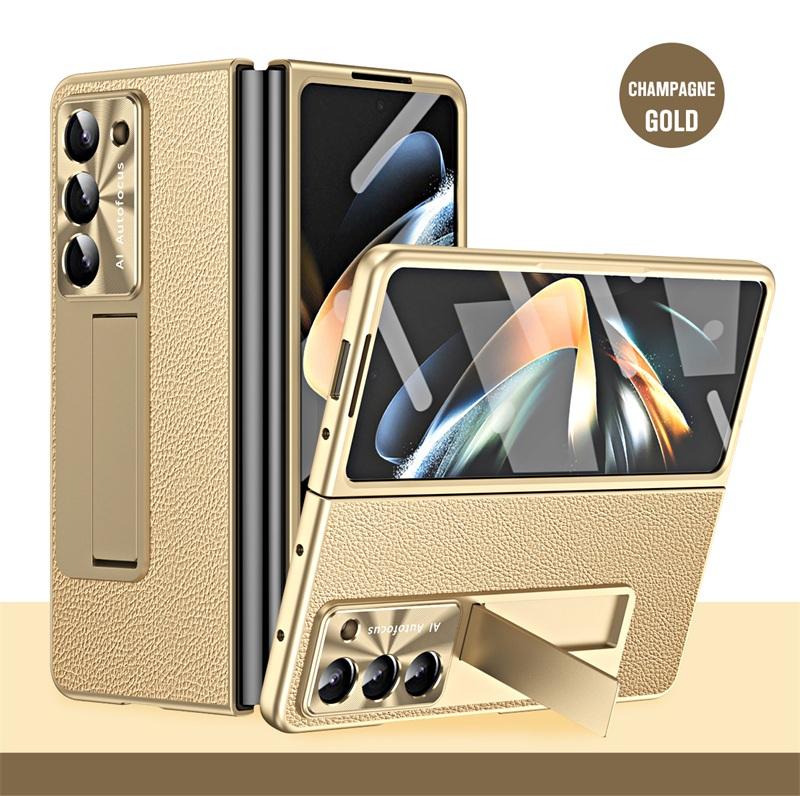 Luxury Plating Leather Lens Protection Kickstand Full Protect Case for Samsung Galaxy Z Fold 8 Ultra 6 5 4 3 With Tempered Glass