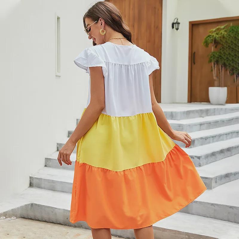 Bright Yellow Bohemian Beach Dress with Three-Color Stitching, Round Neck, and Flutter Sleeves for Summer 2025