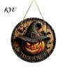 Vintage Witch And Bat Plaque Halloween Wooden Sign, Round Hanging Pendant with Lanyard, Retro Distressed Rustic Wall Decor Wood Skeleton/Pumpkin/Clown