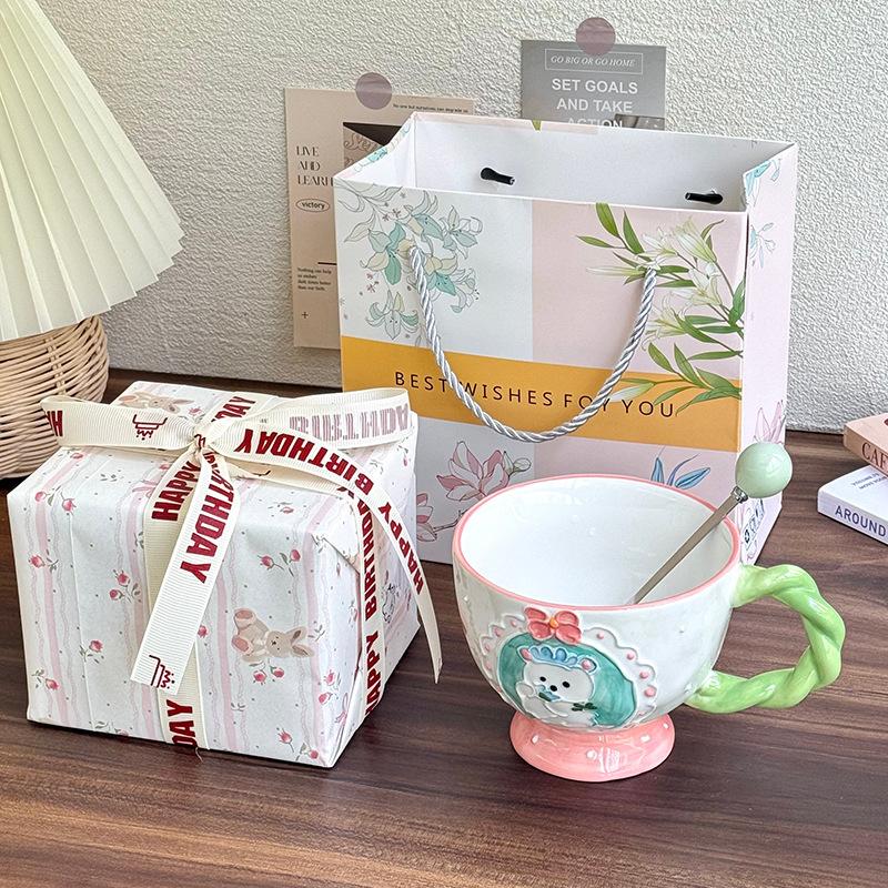 High-value underglaze color relief breakfast oat cup girls large-capacity ceramic mug birthday gift souvenir