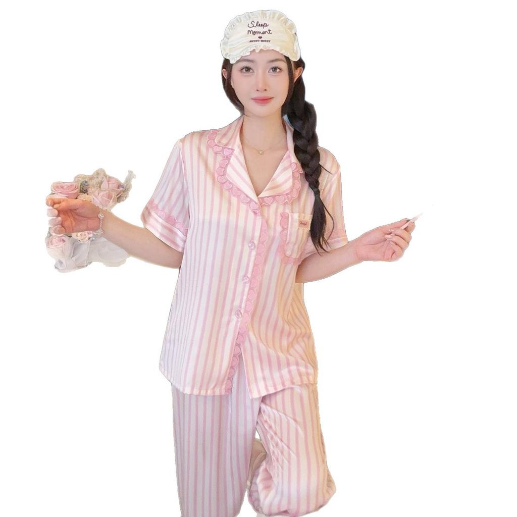 Summer ice silk pajamas women's short-sleeved trousers sweet age-reducing Korean version striped loungewear women's suit can be worn outside popular