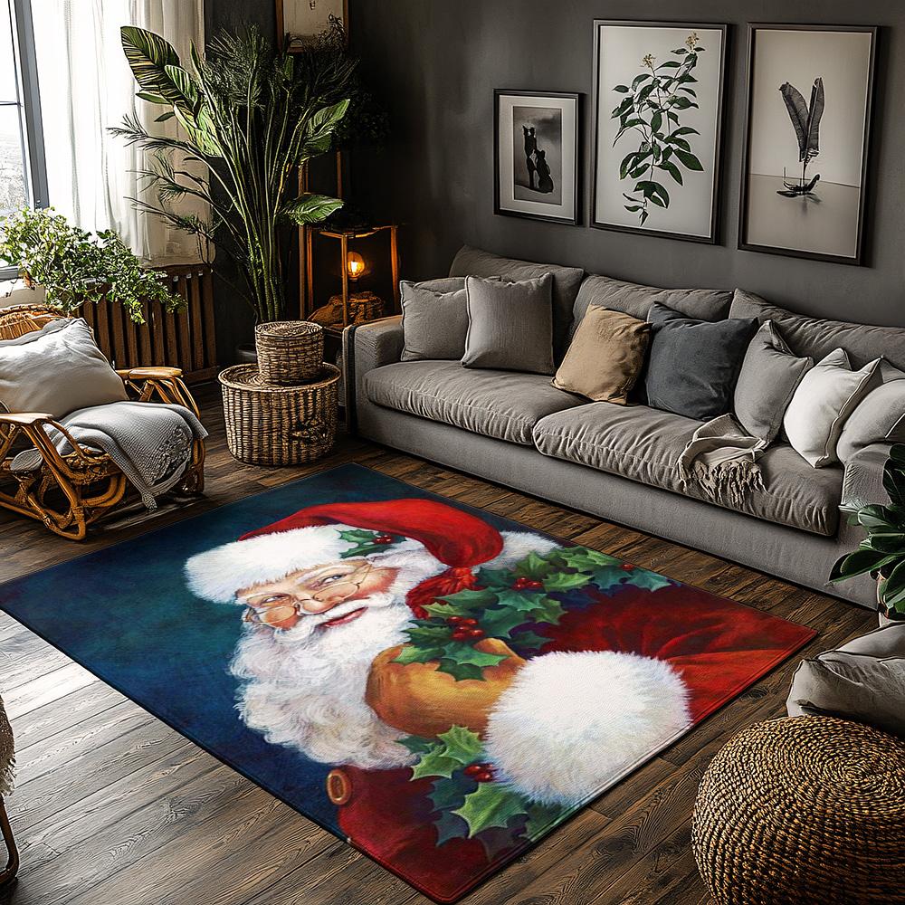 

Santa Claus Plush Christmas Rug, Red White Gift Bag Design Carpet, Non-Slip Holiday Mat for Living Room Festive Decor 50x80cm