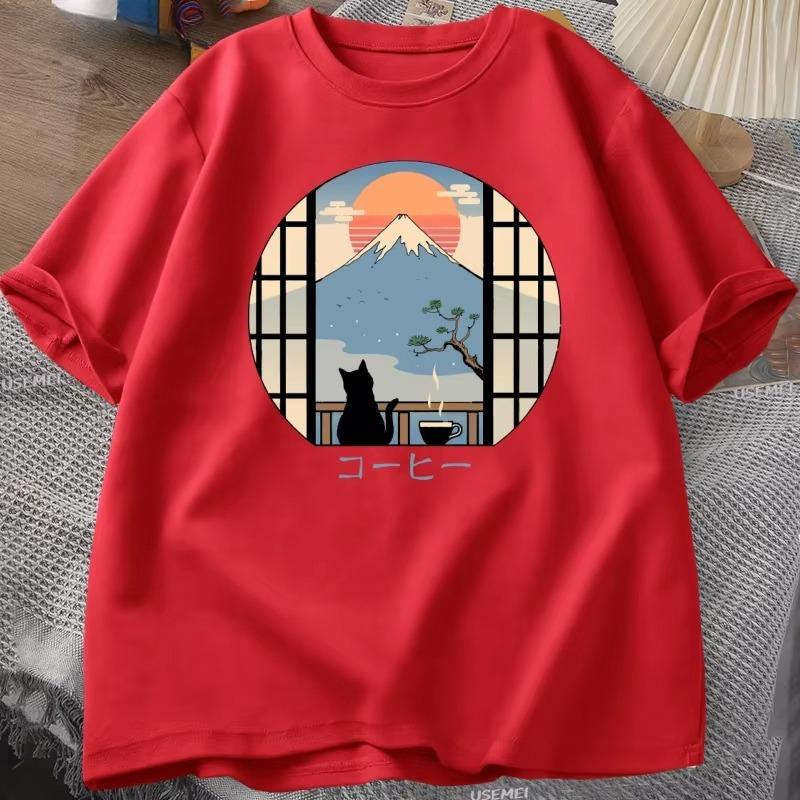 Coffee Cat Graphic print Men TShirt Cotton Vinage Oneck shortsleeved Tee Tshirts Unisex casual daily outdoor TShirt Oversized