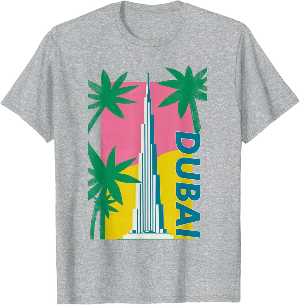 Dubai Burj Khalifa Palm Tree Retro Graphic Tee Men Casual Cotton TShirt