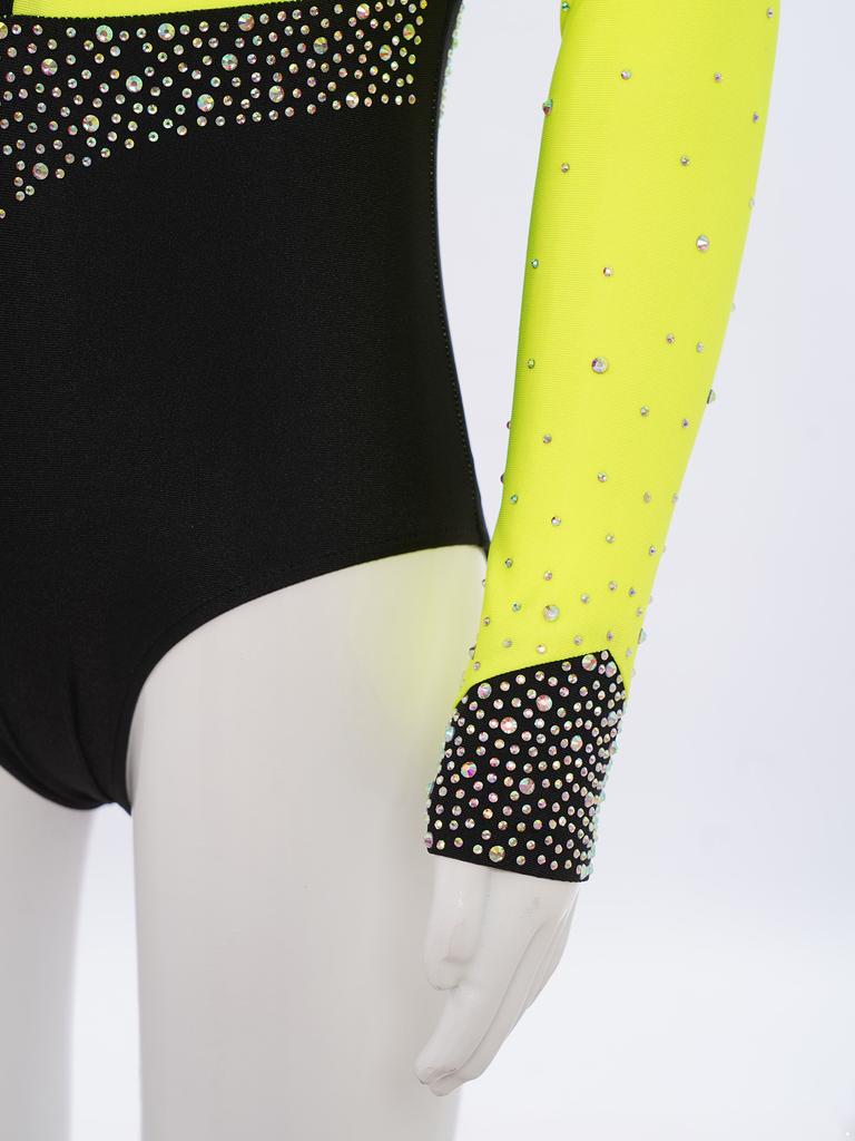 Girls Gymnastics Leotard Long Sleeve Keyhole Back Shiny Rhinestones Figure Skating Dancewear