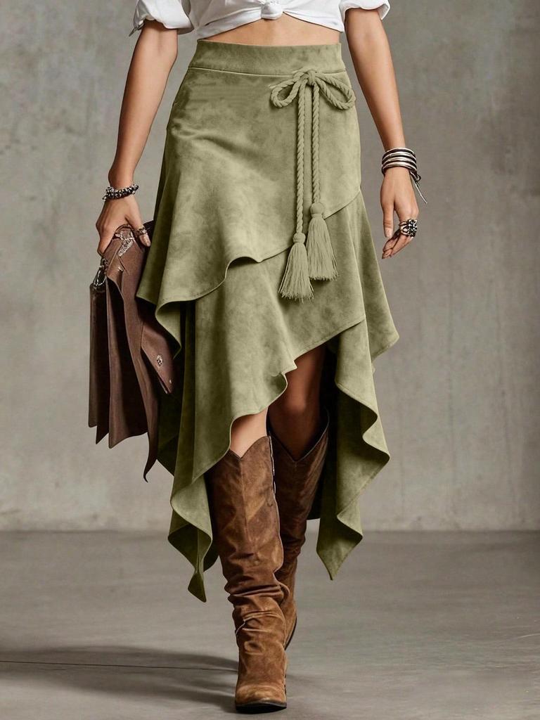 Retro Europäischer Unregelmäßiger Westlicher Wildlederrock, Einfarbig, Kollektion 2026