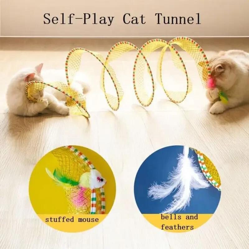 Folding Cat Tunnel S Shape Spring Type Cat Tunnel Toy With Plush Mouse And Feathers Spiral Tunnel Interactive Cat Toy