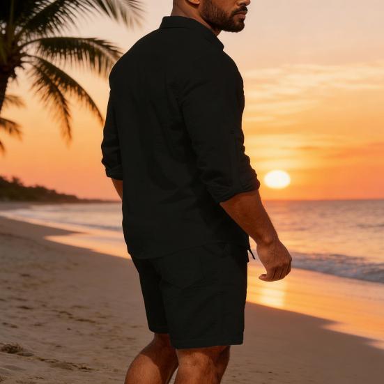 2 st/set Damtoppar och Shorts Set Lapel Långärmad Enkelknäppt Skjorttoppar Elastiska Mellanhöga Shorts Set Casual Tvådelat Set Strandkläder