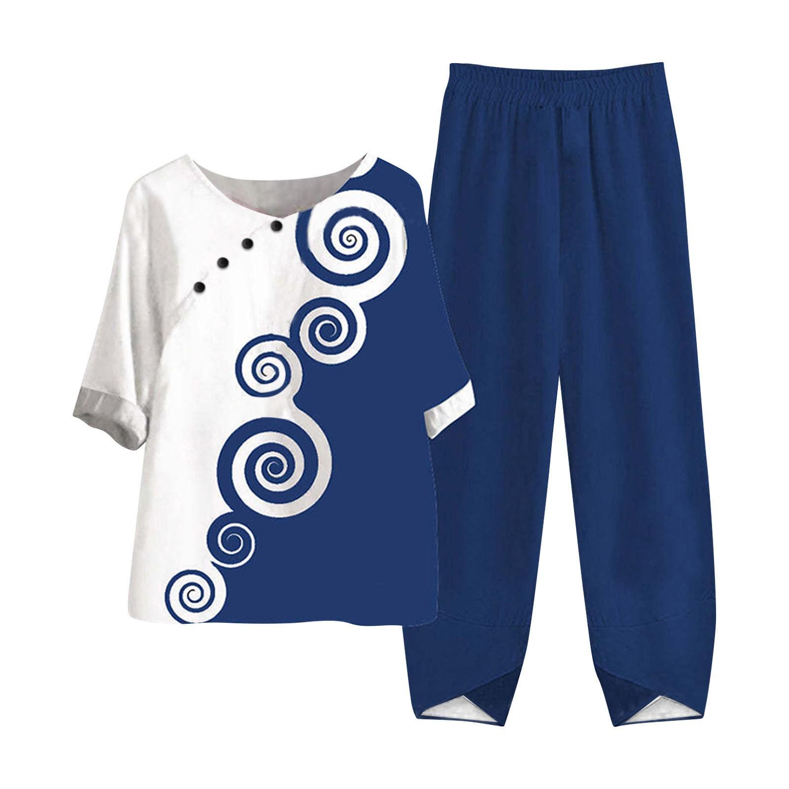 

Женские летние топы с короткими рукавами и принтом, эластичная талия, брюки из девяти предметов, комплект из двух предметов XXL темно-синий