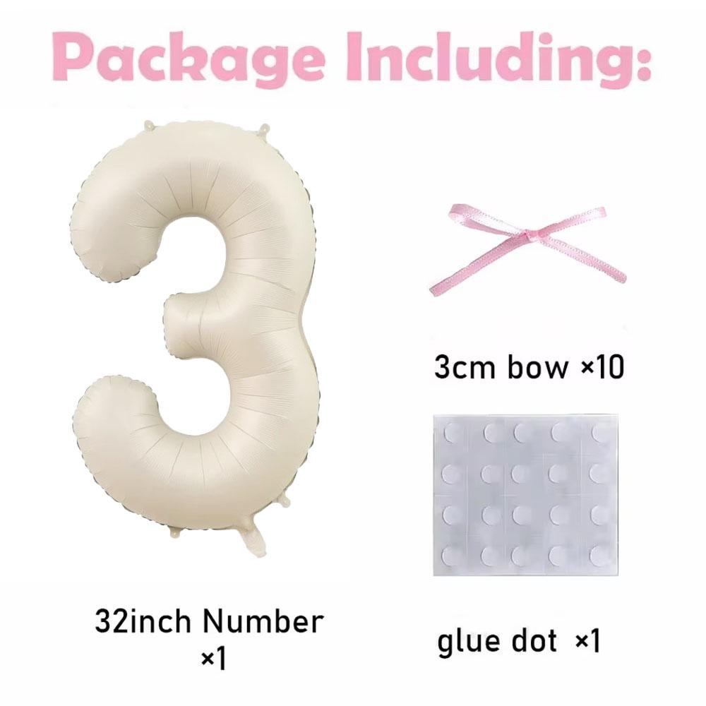 32inch Pink Bows Number Balloons Cream White Beige Number Foil Balloons Pink Bows For Girls Birthday Coquette Themed Party Decor