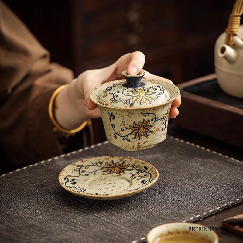 Chinese Retro Handmade Ceramic Gaiwan Hand-painted Flowers Pattern Teacup Household Travel Tea Bowl Portable Teaware Accessories