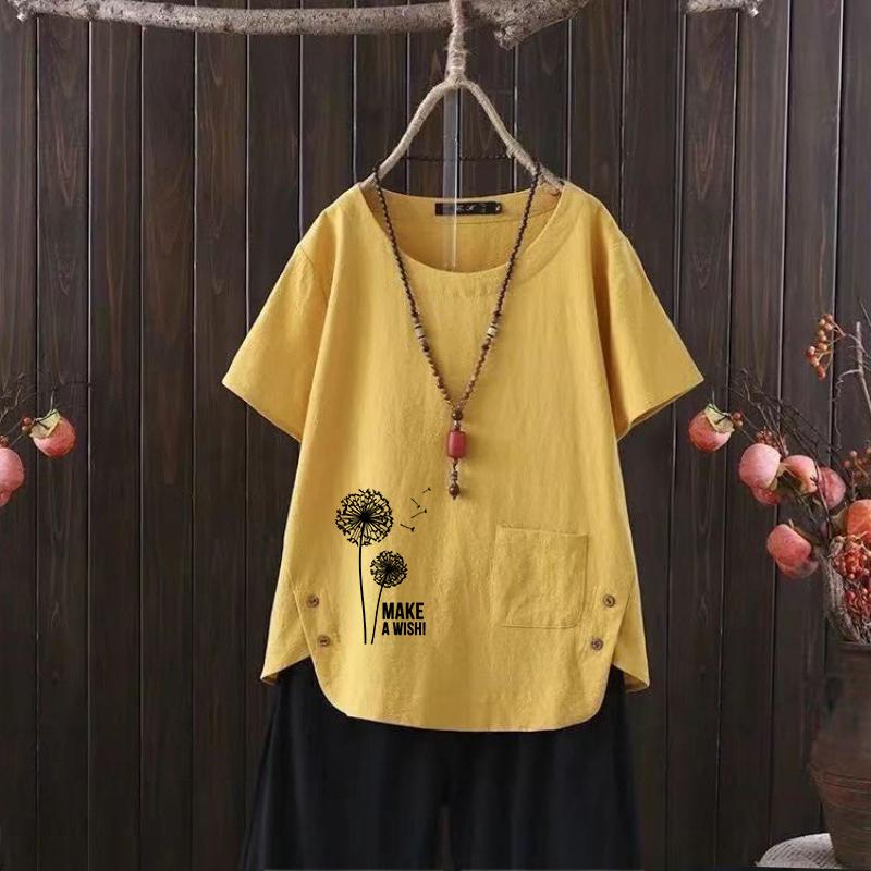 

Футболка из хлопка и конопли в скандинавском стиле с V-образным вырезом и принтом одуванчика для женщин - лето 2025 г., свободный крой 4XL оранжевый