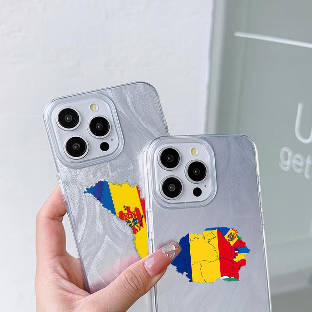 N91 Moldova Flag Art Clear Frame Case for Samsung S25 Ultra A55 iPhone 16 15 Pro Max Xiaomi Redmi Note 13 Feather Chiffon Texture Silver Plated Cover