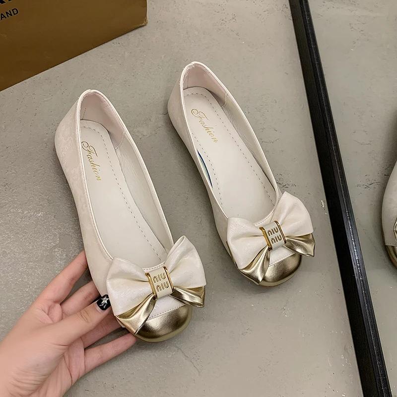 Fashion New French Bow Small Leather Shoes for Women Spring/Summer British Style Fashion Versatile Work One Step Single Shoes for Women