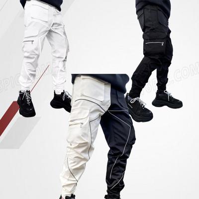 Joggers Cargo Pants Reflective Stripe Fashion Streetwear Hip Hop Sweatpants Black White Patchwork Hipster Mens Trousers