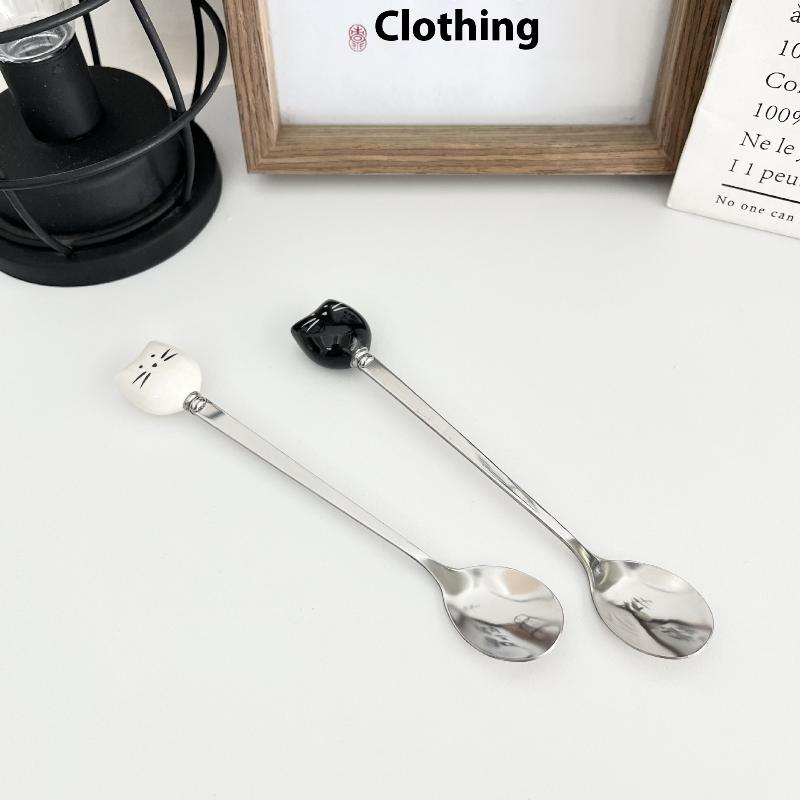 Cartoon Ceramic Spoon Ceramic Black And White Cat Spoon Ice Cream Spoon Stainless Steel Coffee Spoon