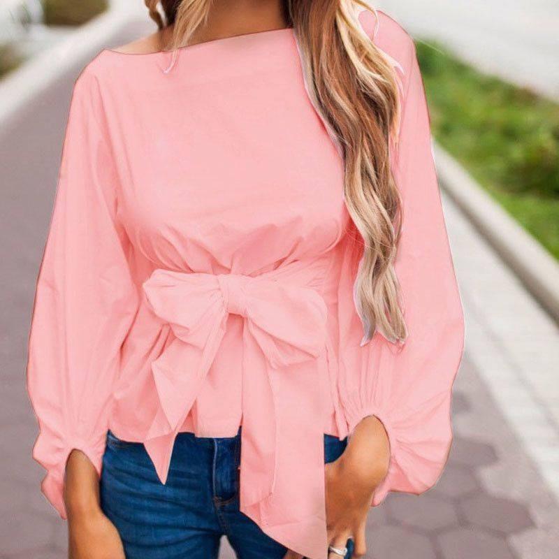 Trendy Loose-fit Chiffon Lantern Sleeve Top With Bowknot For Women Spring