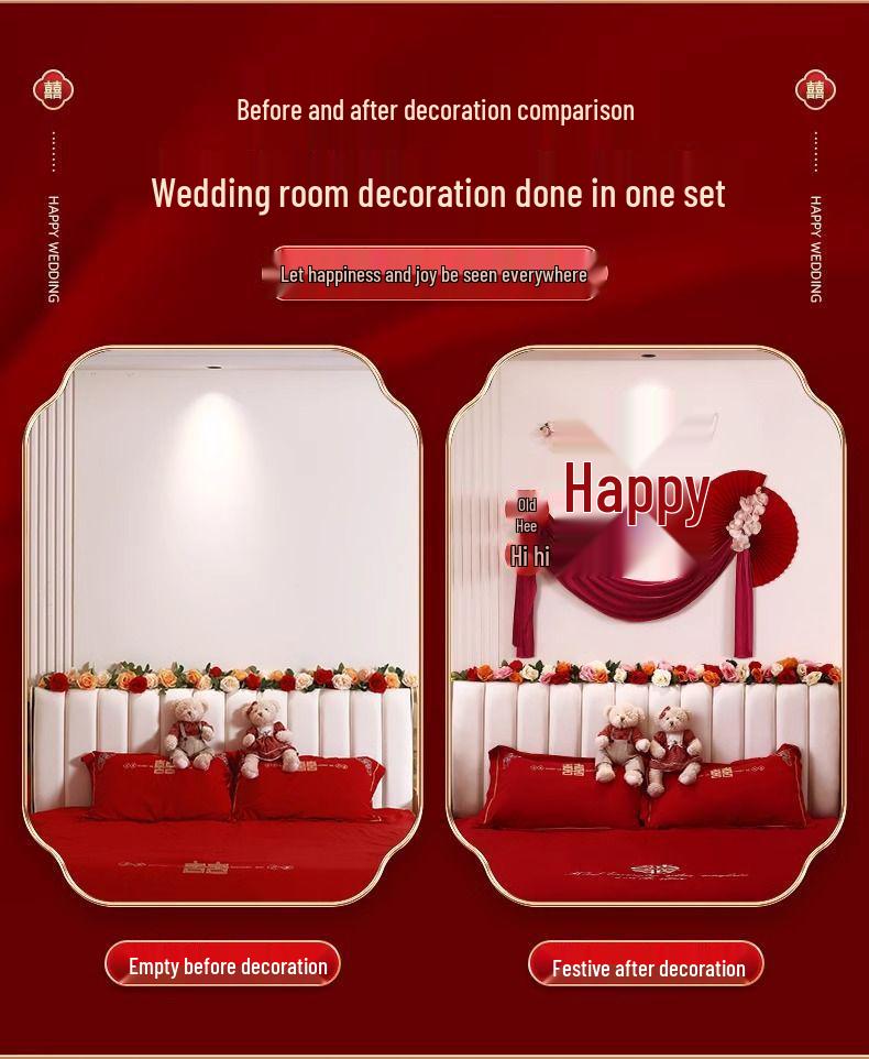 Conjunto de Decoração para Quarto de Casamento: Lados do Noivo e da Noiva, Parede com Caractere Xi do Novo Quarto e Decoração de Cabeceira