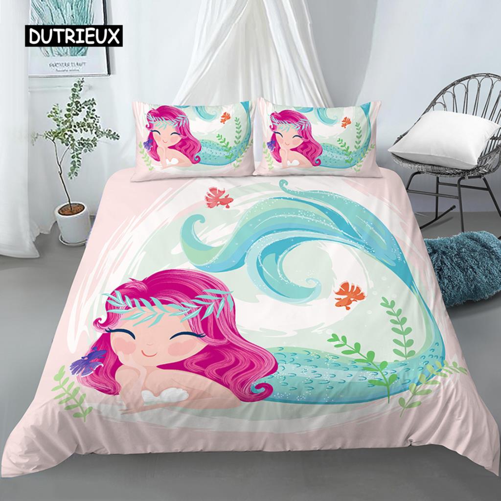 Rosa Bettwäscheset Meerjungfrau Einhorn Bettbezug Set Cartoon Tier Mädchen Prinzessin Bettbezug Full Size für Kinder Geschenke Deko