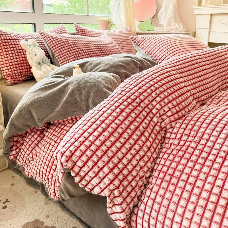 Thickened Milk Fleece Four-Piece Coral Fleece Quilt Cover Cut Flower Fleece Bed Sheet Mattress Bedding Three