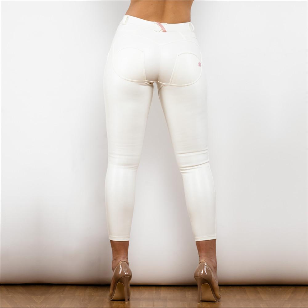 Shascullfites Melody White PU Leather Pants for Women Elastic Leggings Skinny Stretchy Casual Bum Lift Pencil Pant Warm Winter