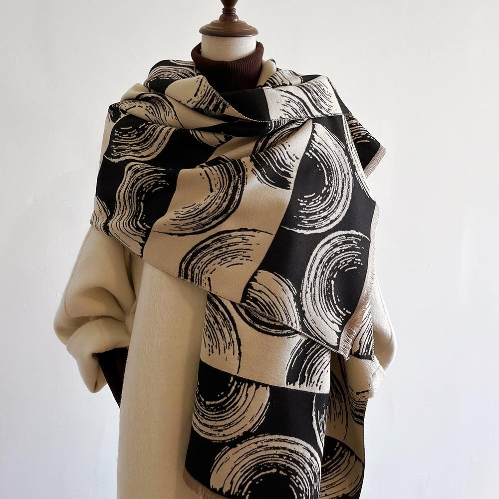 Jacquard landscape painting imitation cashmere scarf for women's office air-conditioned room thick and warm long trendy scarf