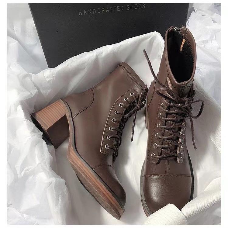 

Internet celebrity autumn Martin boots women s 2024 new British style fashion single leather boots casual lace-up thin medium boots 34 коричневий