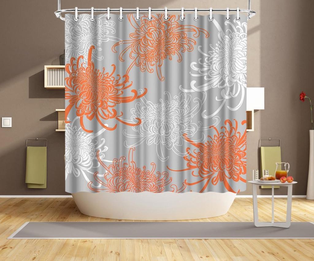 Orange Blossom Shower Curtain Coral Chrysanthemum Color Background Fabric Curtain with 12 Hooks for Bathroom Decoration