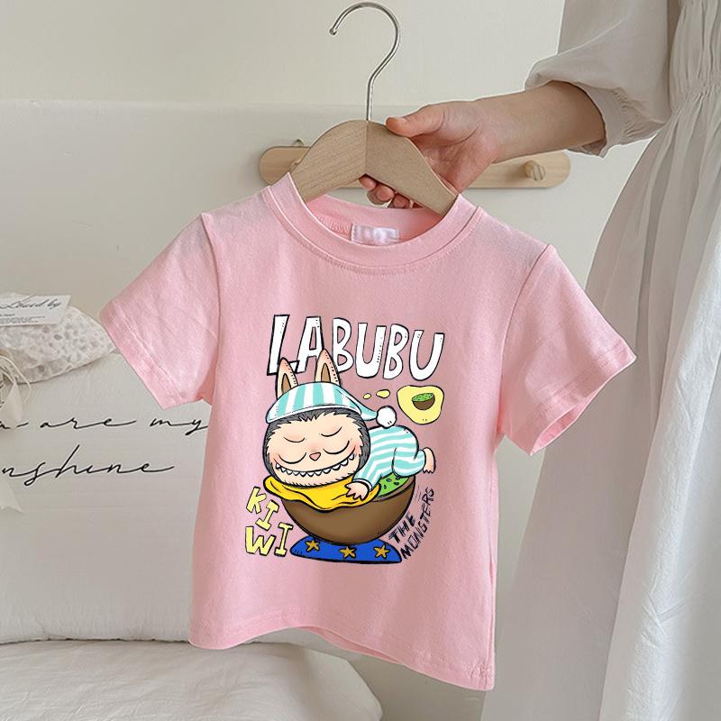 Labubu Children's Pink T-shirt Cartoon Anime Summer Short Sleeved Girl Fashion Cute Top