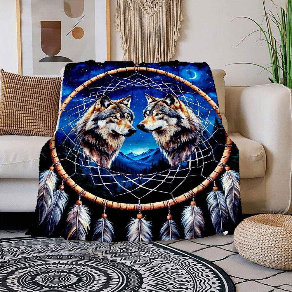 

Dream Catcher with Wolves - Handmade Native American DecorBlanket Flannel Throw Blanket for Sofa, Bed, Travel, Camping, Office, Couch, Chair 150x180cm