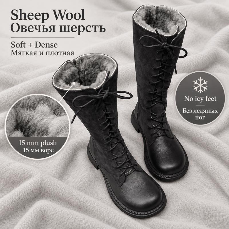 G&Zaco Luxury brand Knight Boots Genuine Leather Real Wool Women's Boots Knee-high Sheepskin Fur Anti Slip Thick Cotton Warm Lace Up Long Boots 3337